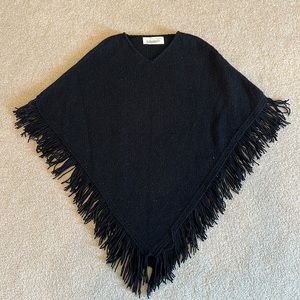 Irelands Eye Irish Aran Poncho Women Merino Wool Silk Shawl Black Fringe O/S